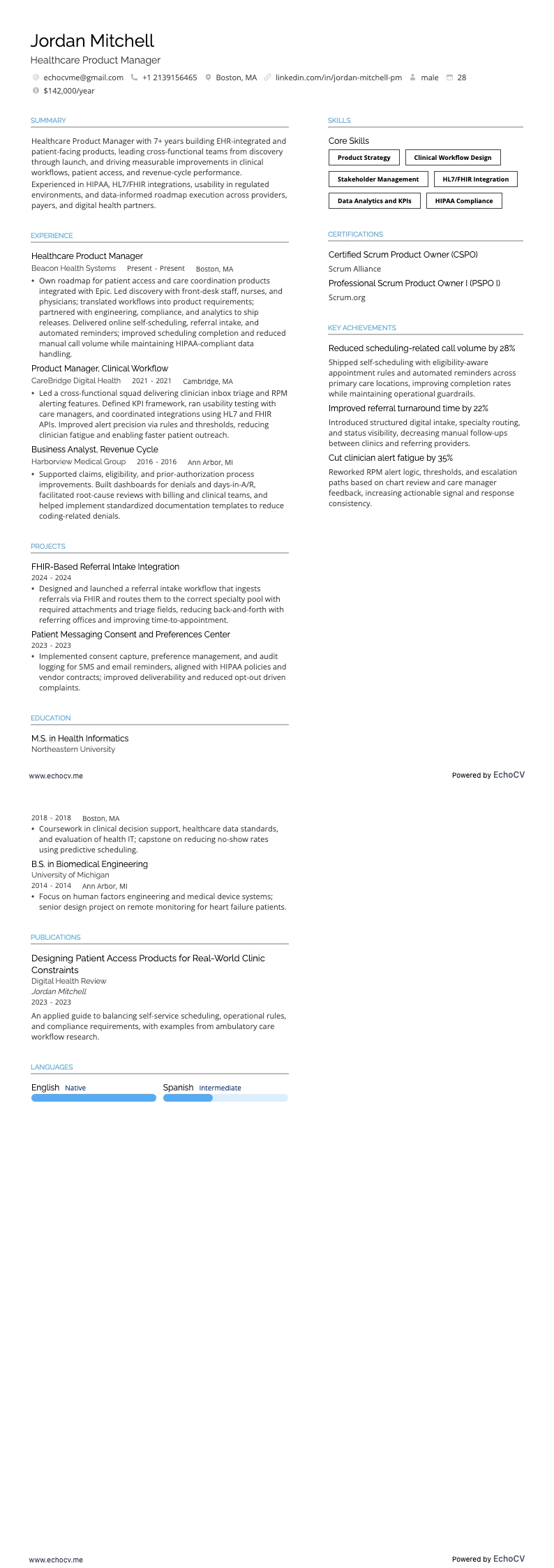 Healthcare Product Manager example resume
