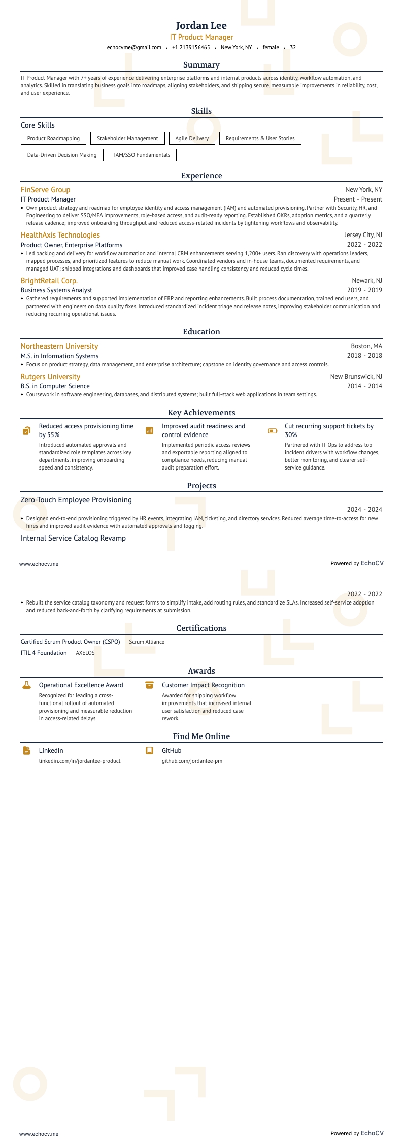 IT Product Manager example resume