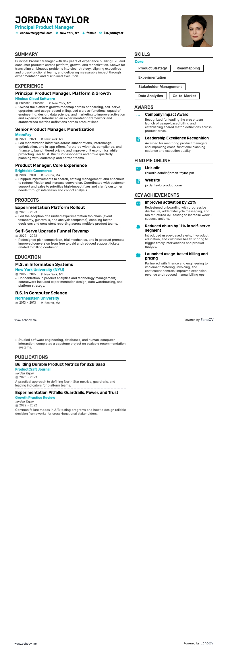 Principal Product Manager example resume