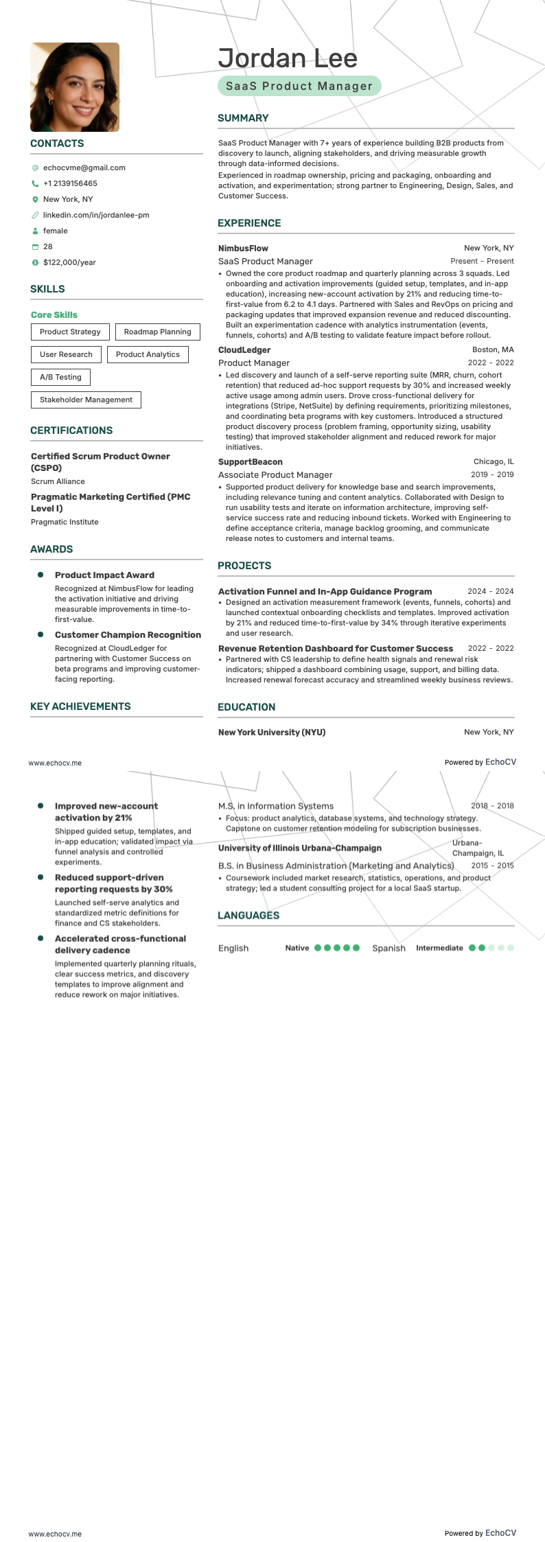 SaaS Product Manager example resume
