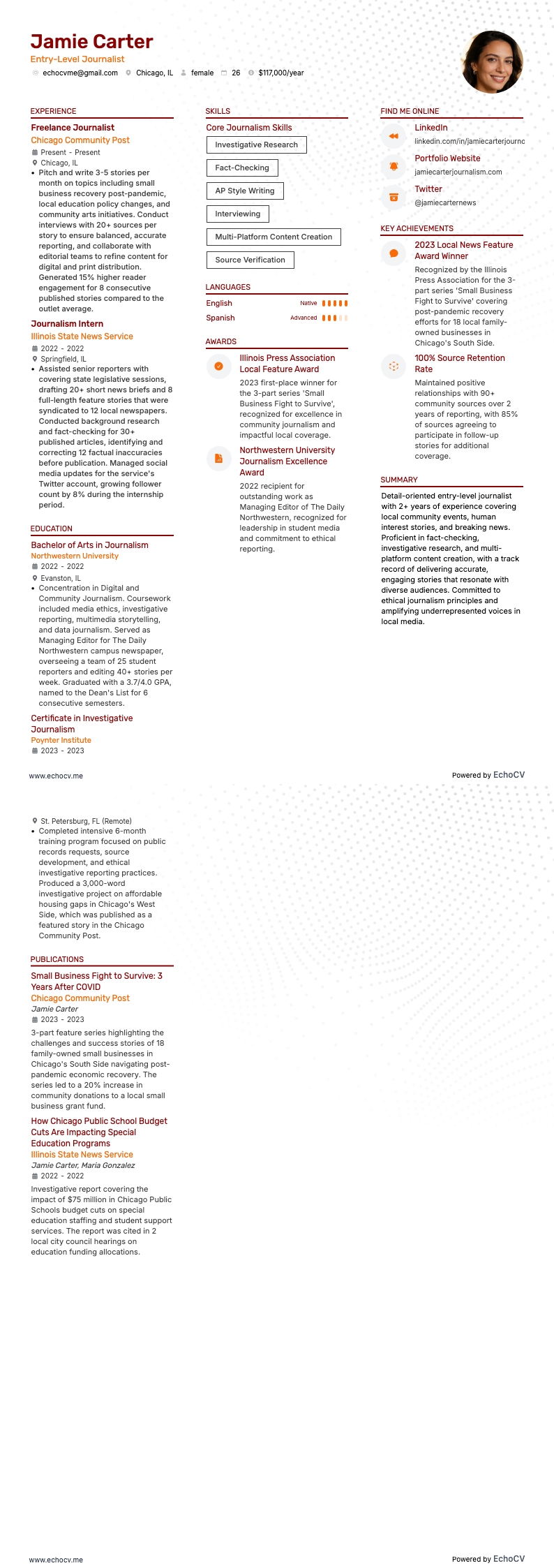 エントリーレベルのジャーナリスト example resume