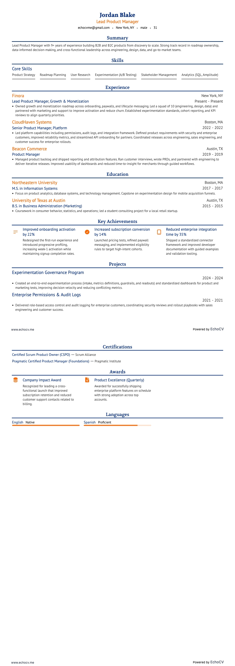 Lead Product Manager example resume