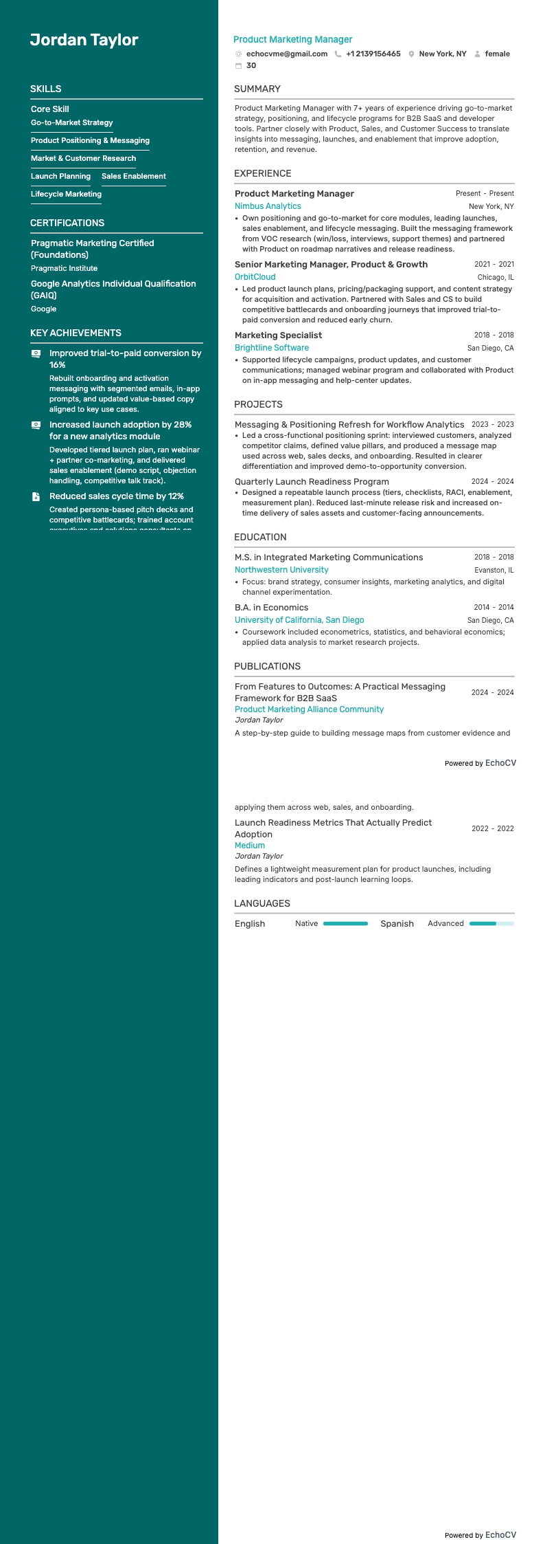 Product Marketing Manager example resume