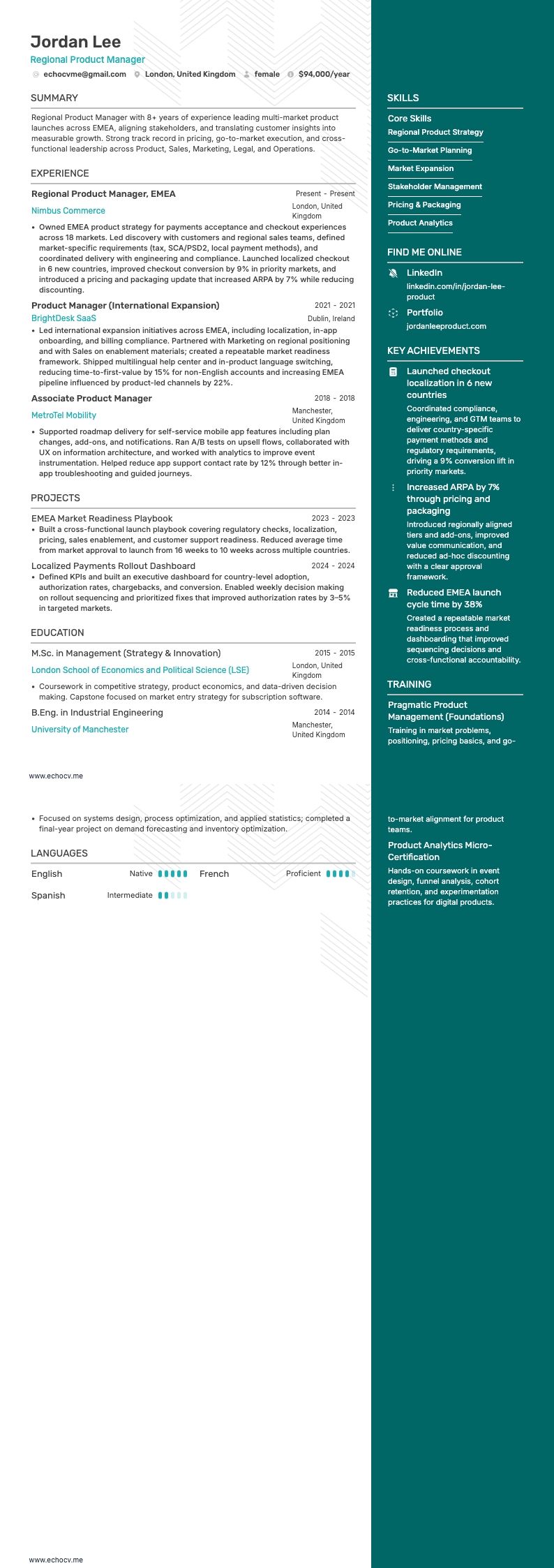 Regional Product Manager example resume