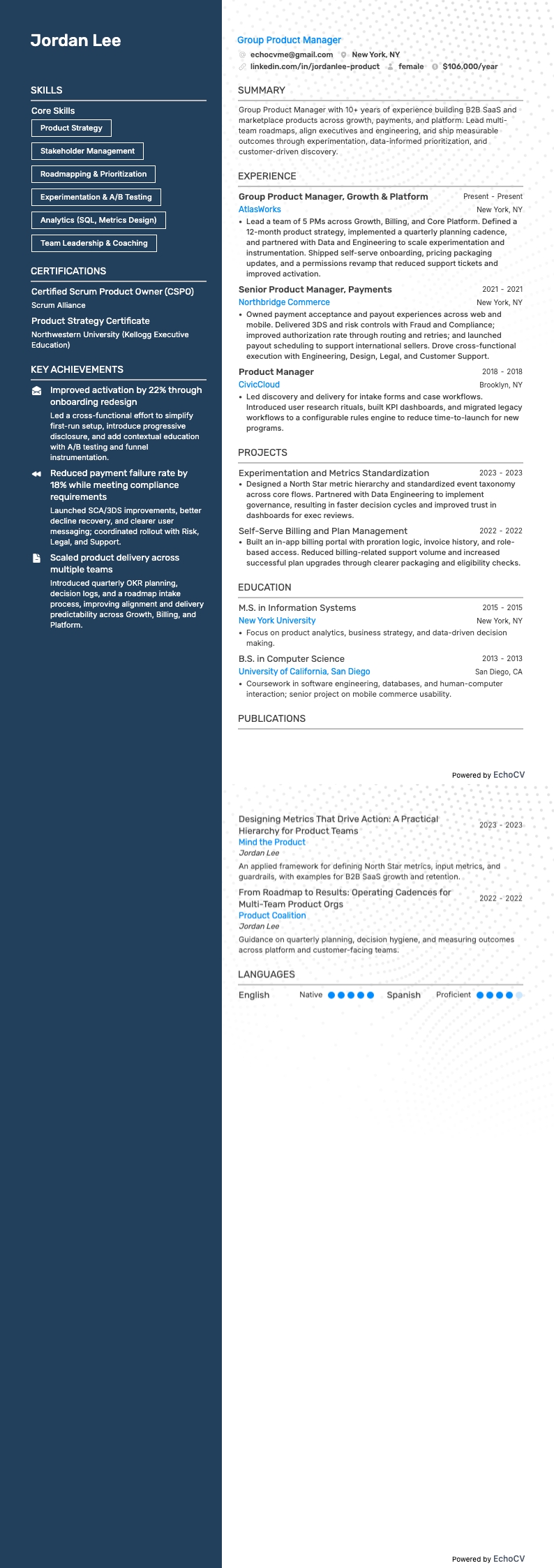 Group Product Manager example resume