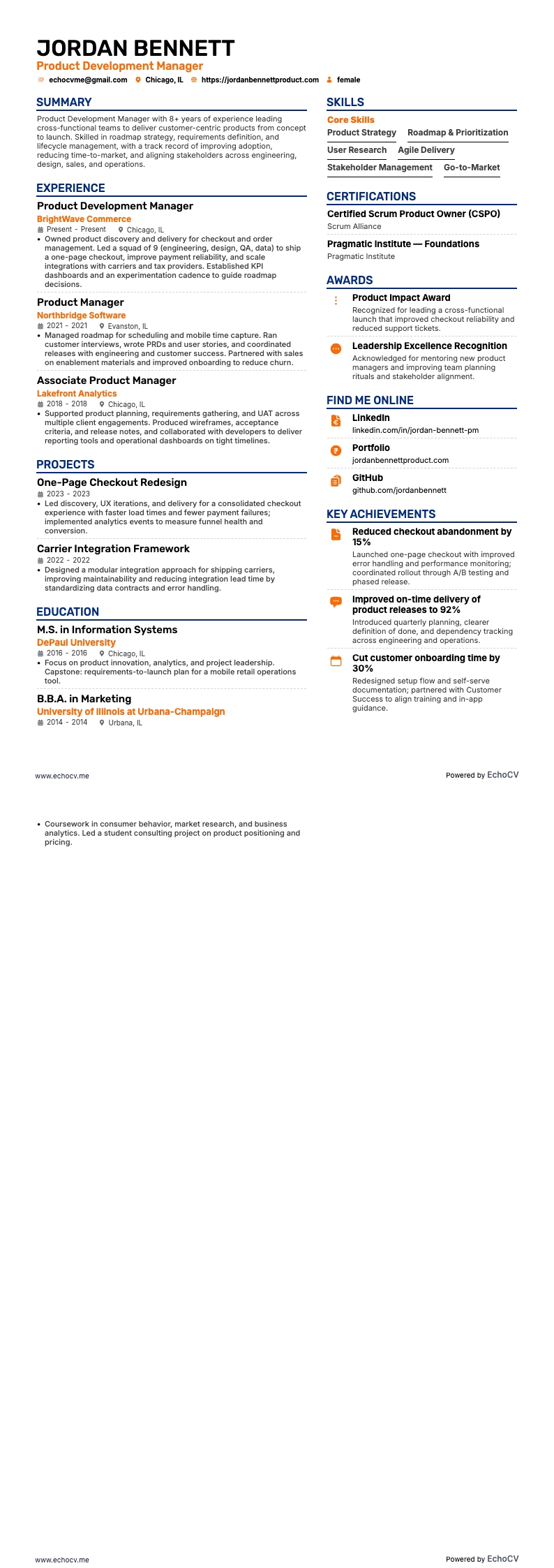 Product Development Manager example resume