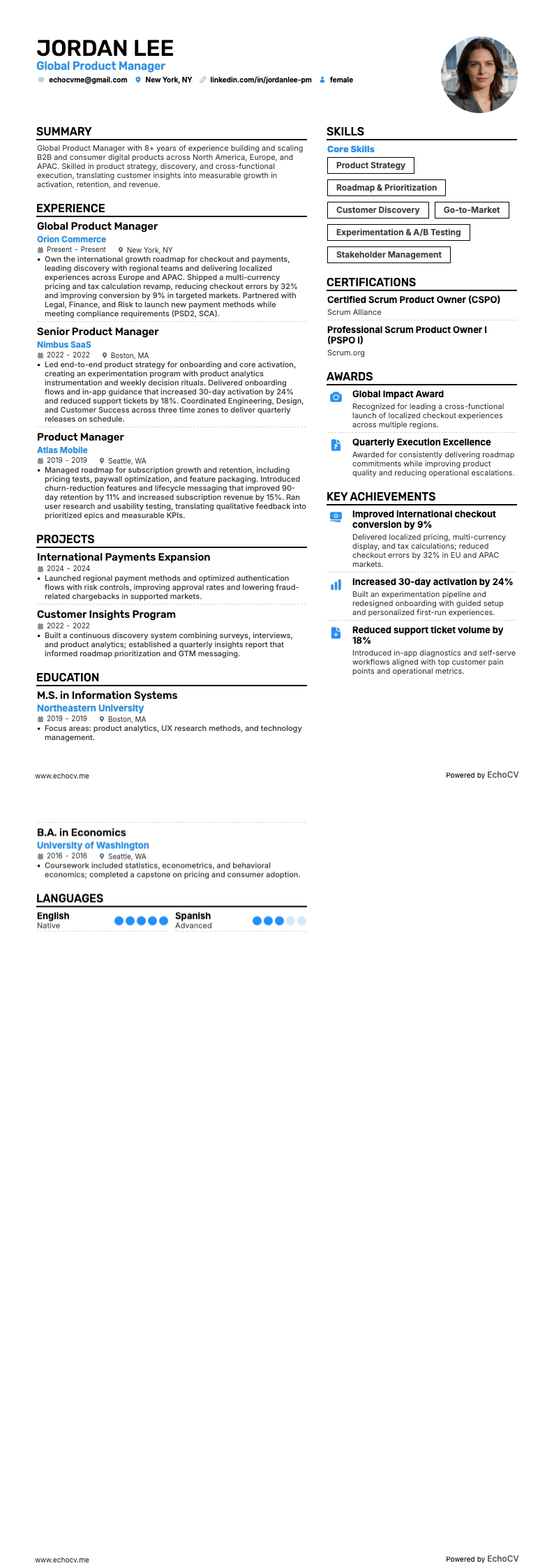 Global Product Manager example resume