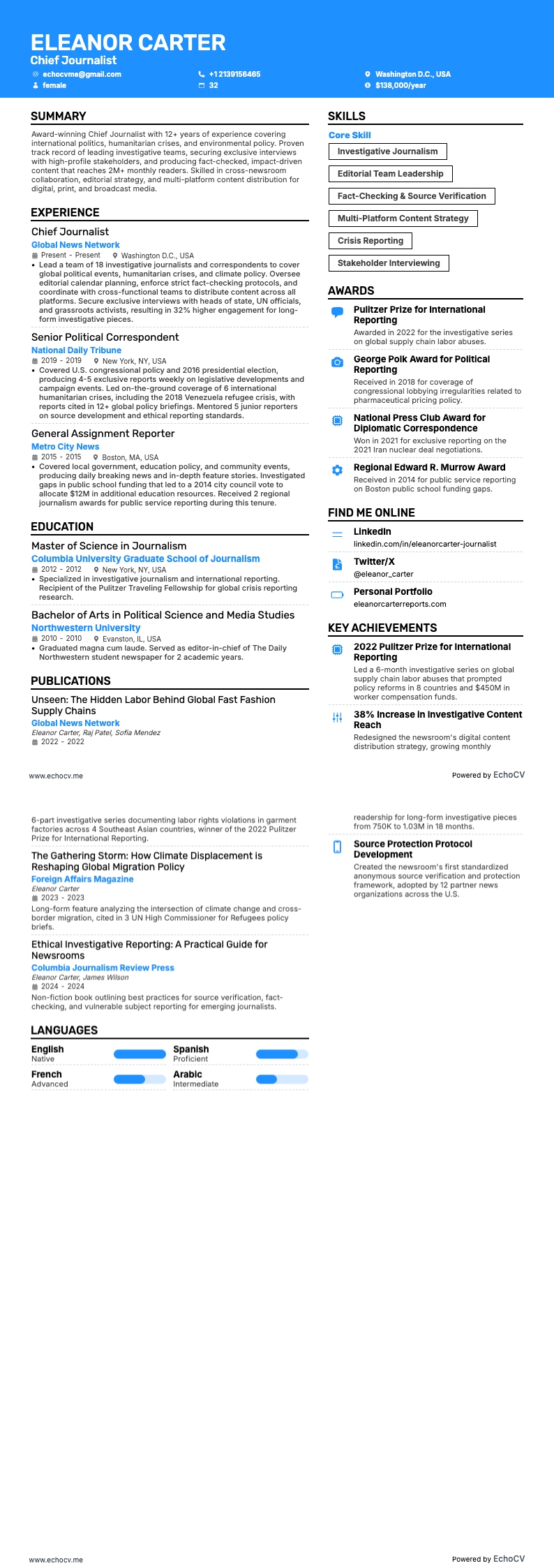 主任ジャーナリスト example resume