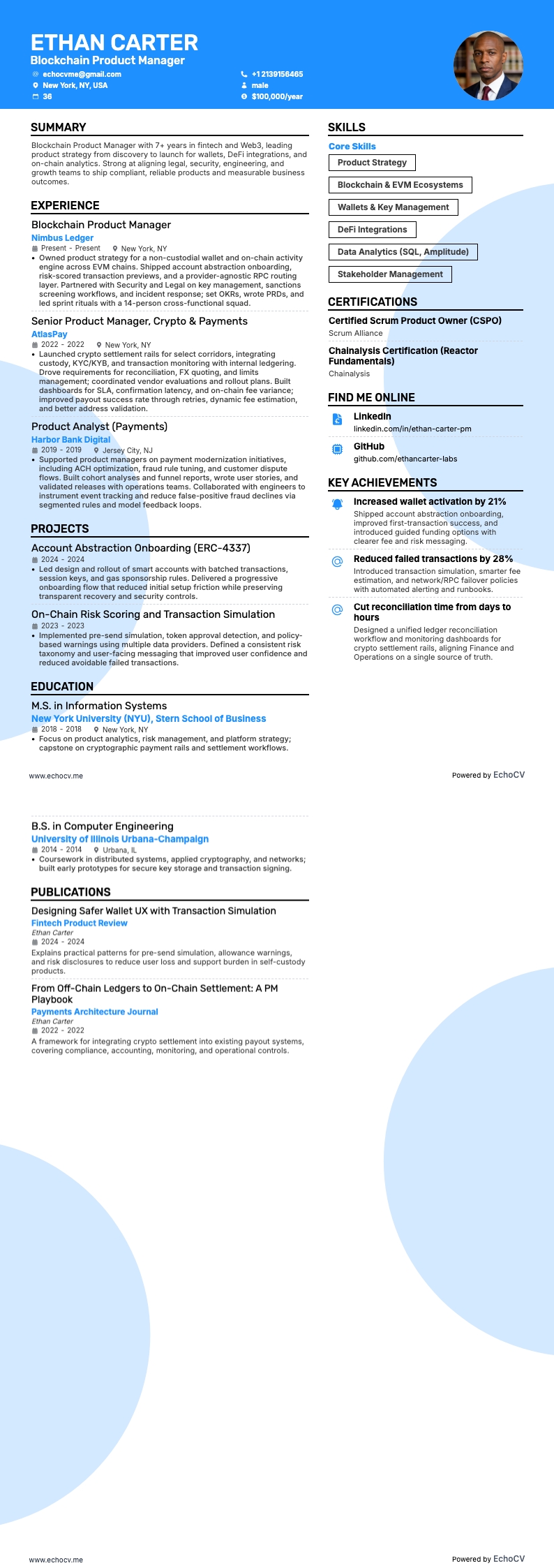 Blockchain Product Manager example resume