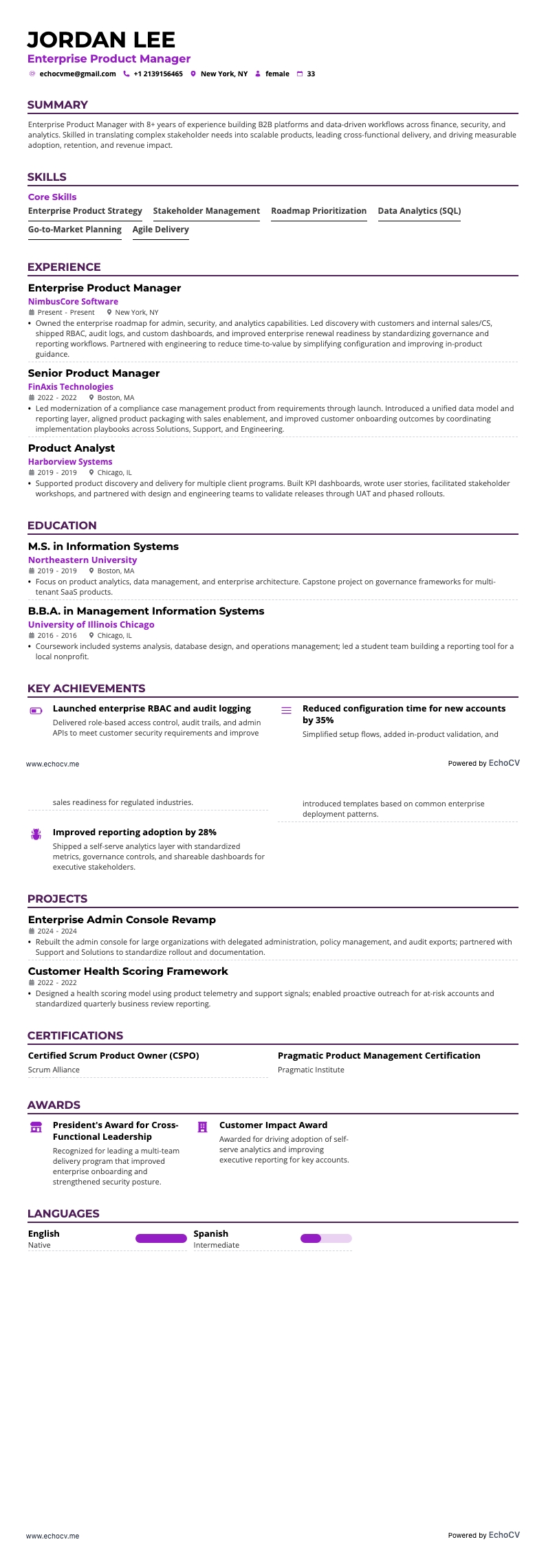 Enterprise Product Manager example resume