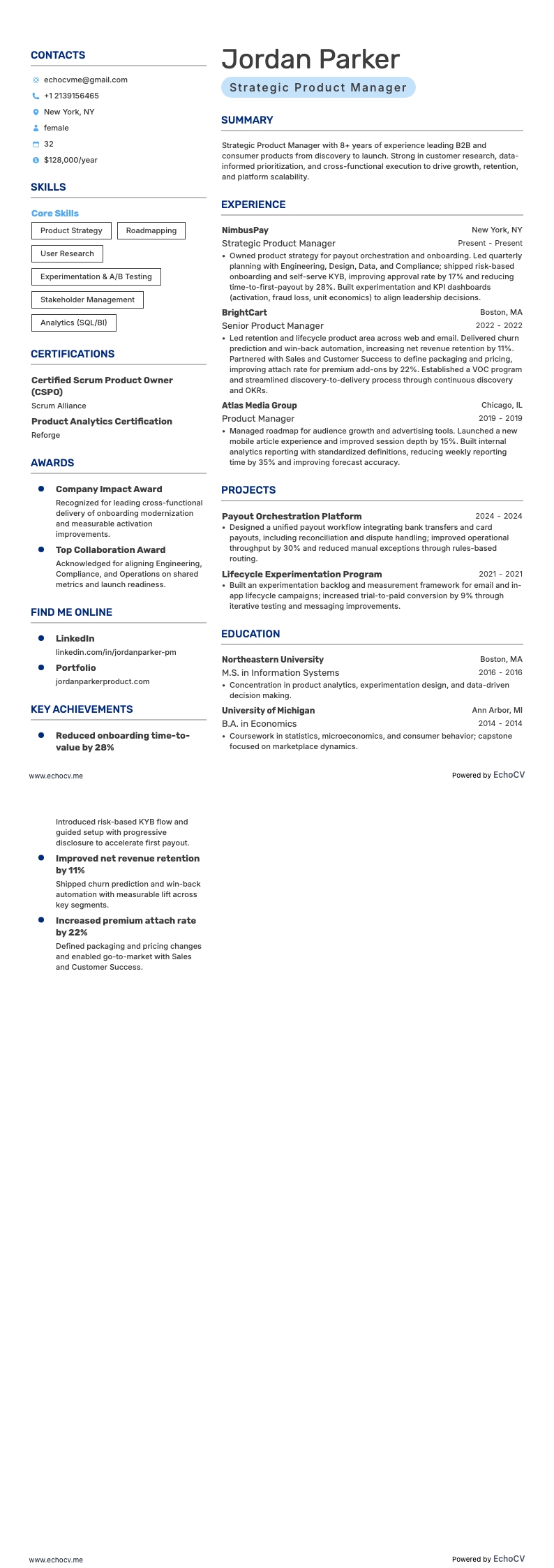 Strategic Product Manager example resume