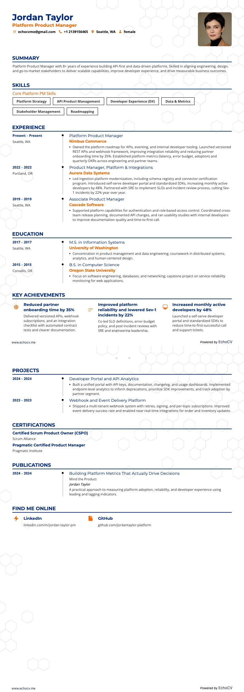 Platform Product Manager example resume