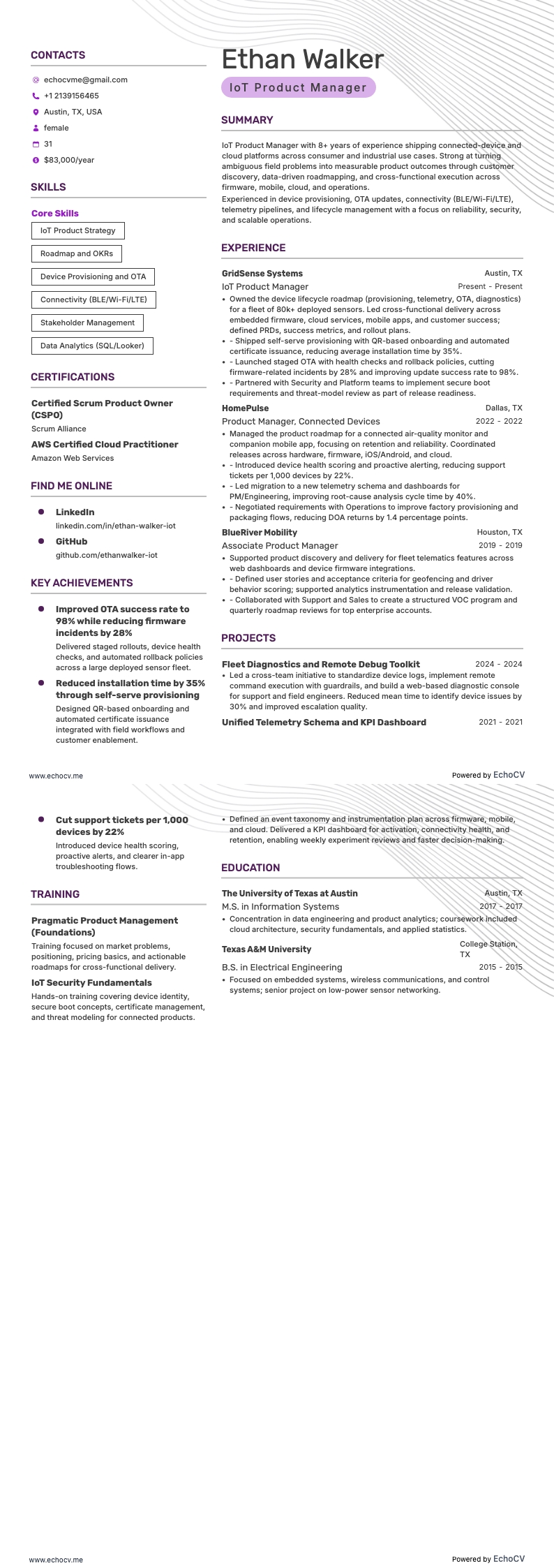 IoT Product Manager example resume