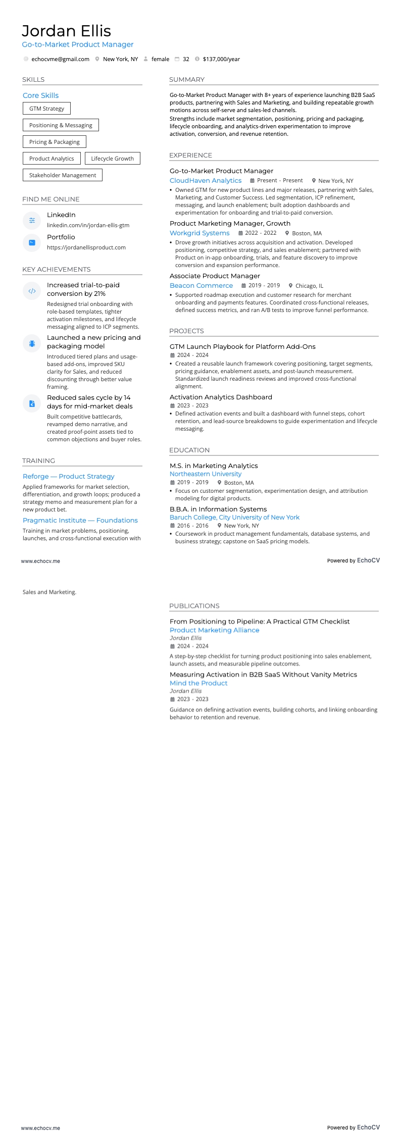 Go-to-Market Product Manager example resume