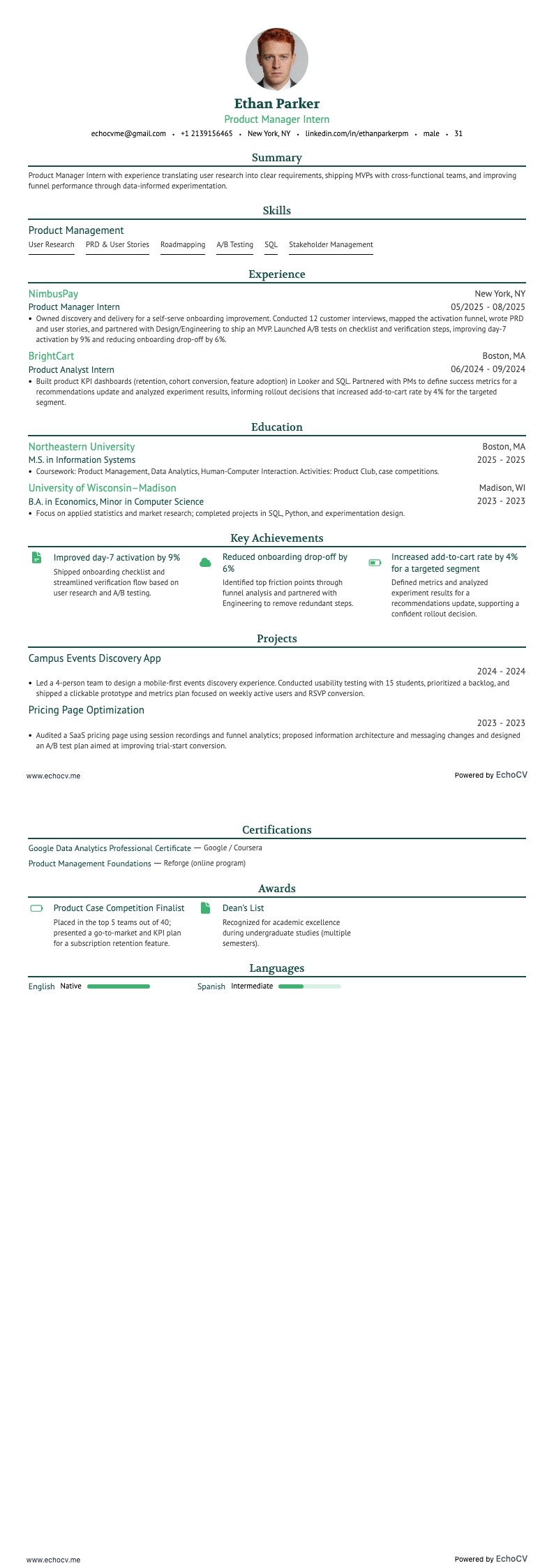 Product Manager Intern example resume