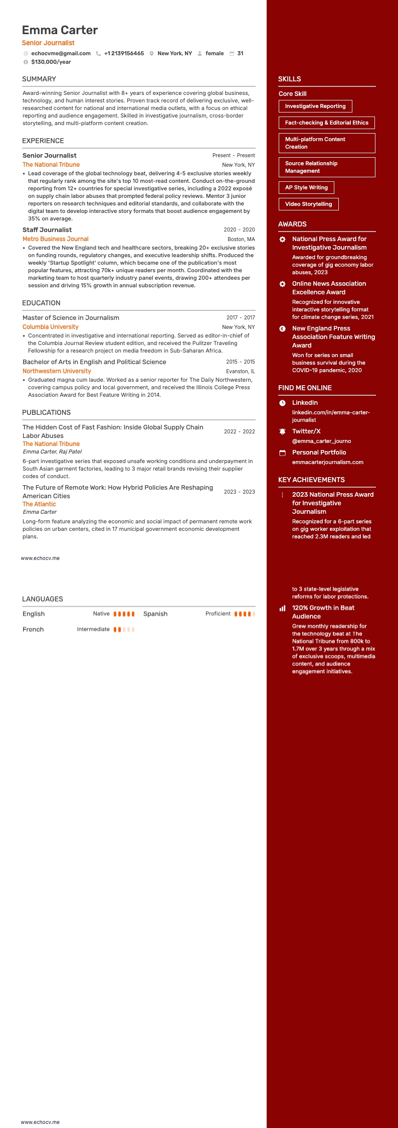 シニアジャーナリスト example resume