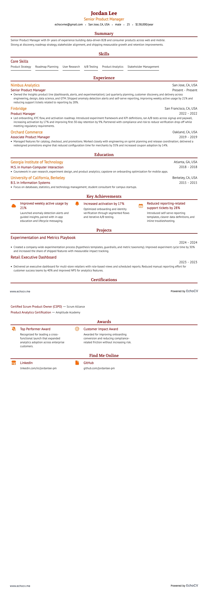 Senior Product Manager example resume