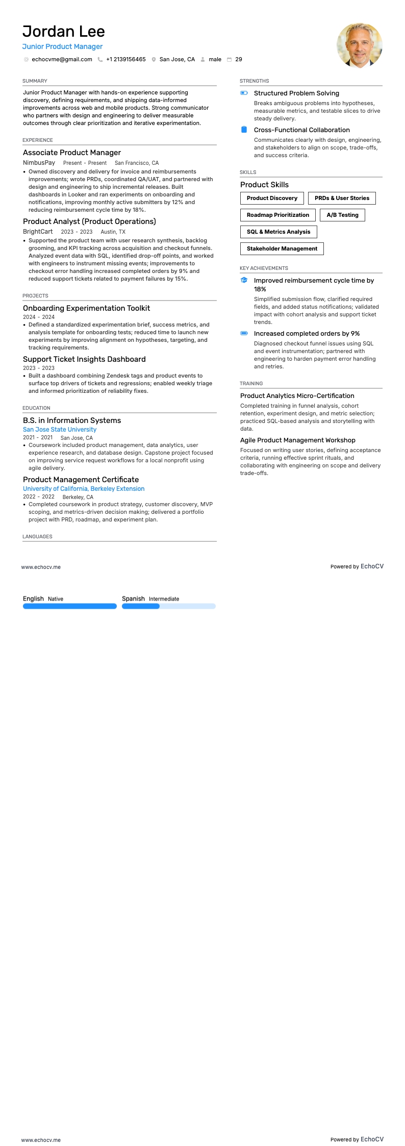 Junior Product Manager example resume