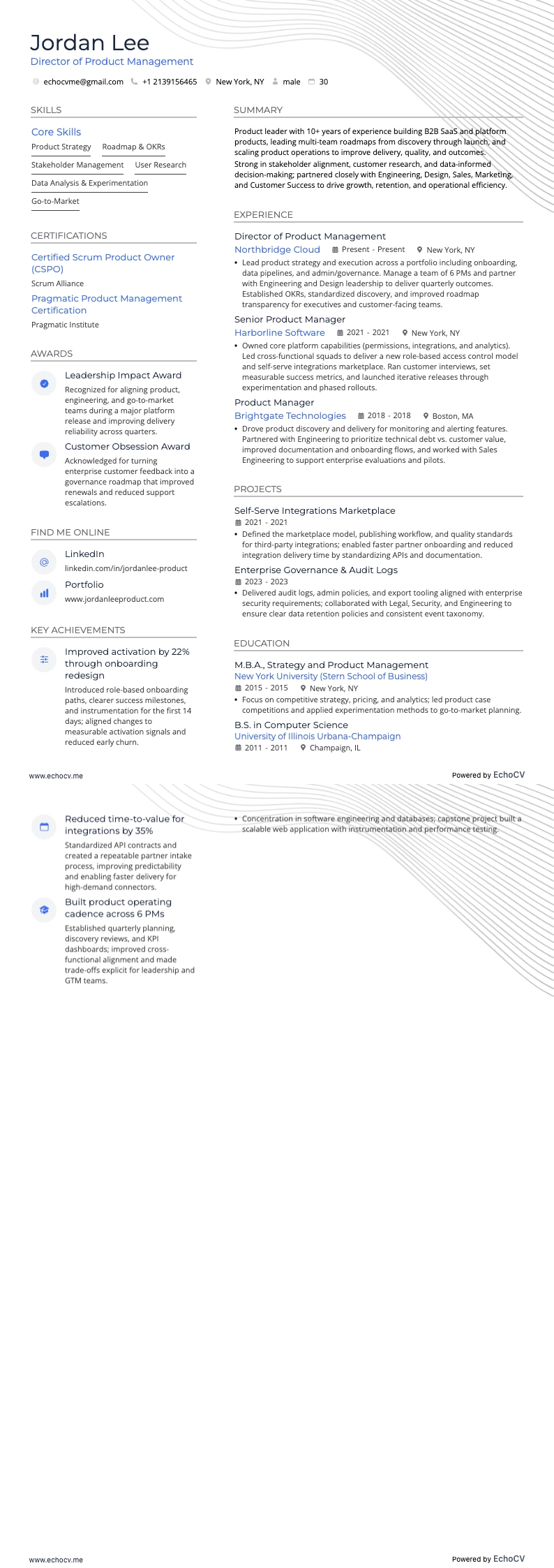 Director of Product Management example resume