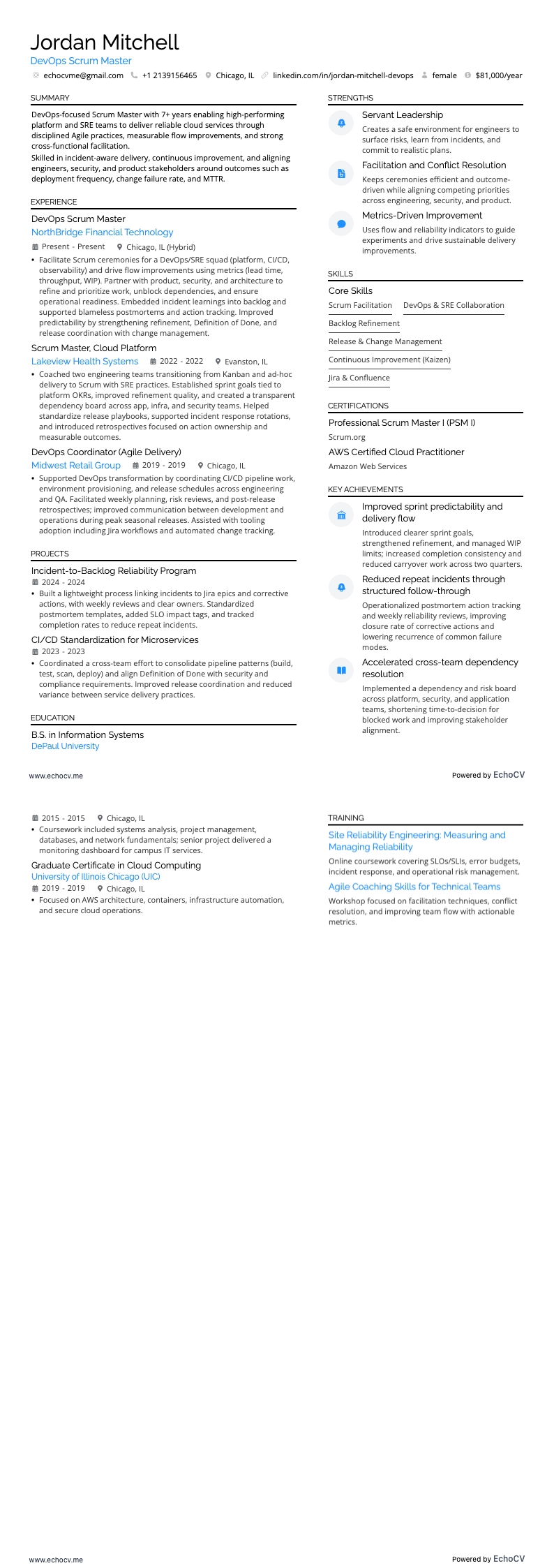 Devops Scrum Master example resume