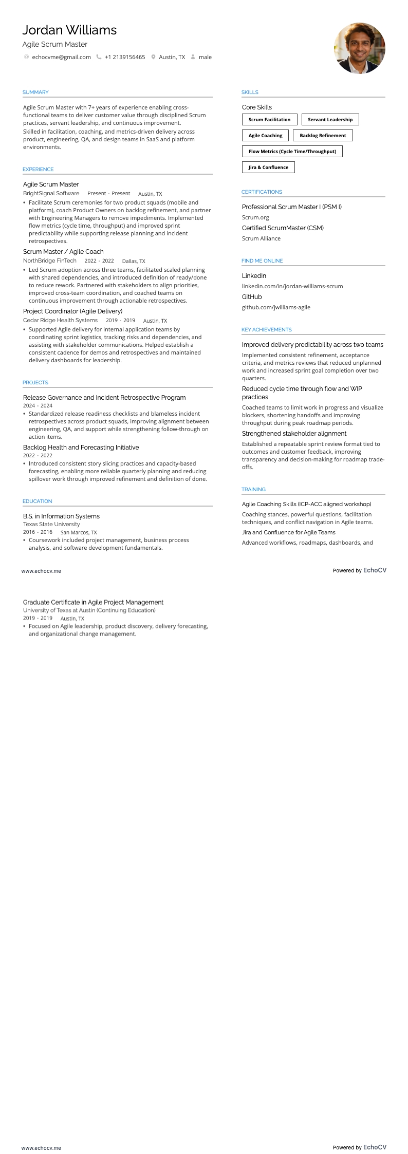 Agile Scrum Master example resume