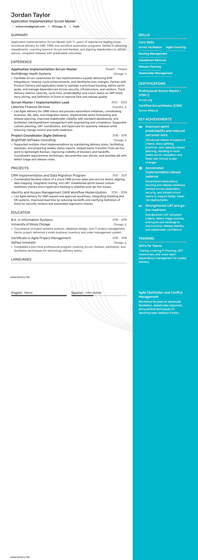 Application Implementation Scrum Master example resume