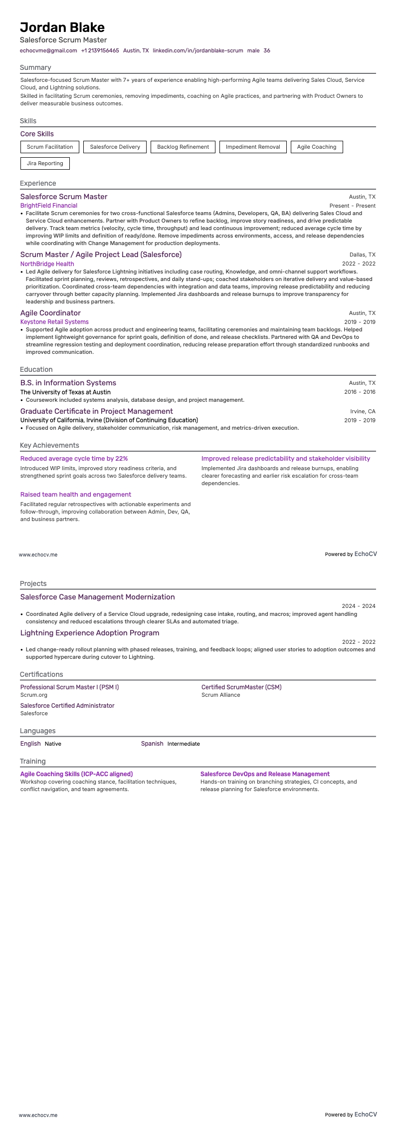 Salesforce Scrum Master example resume
