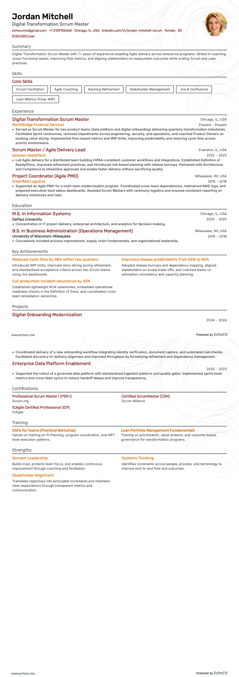 Digital Transformation Scrum Master example resume