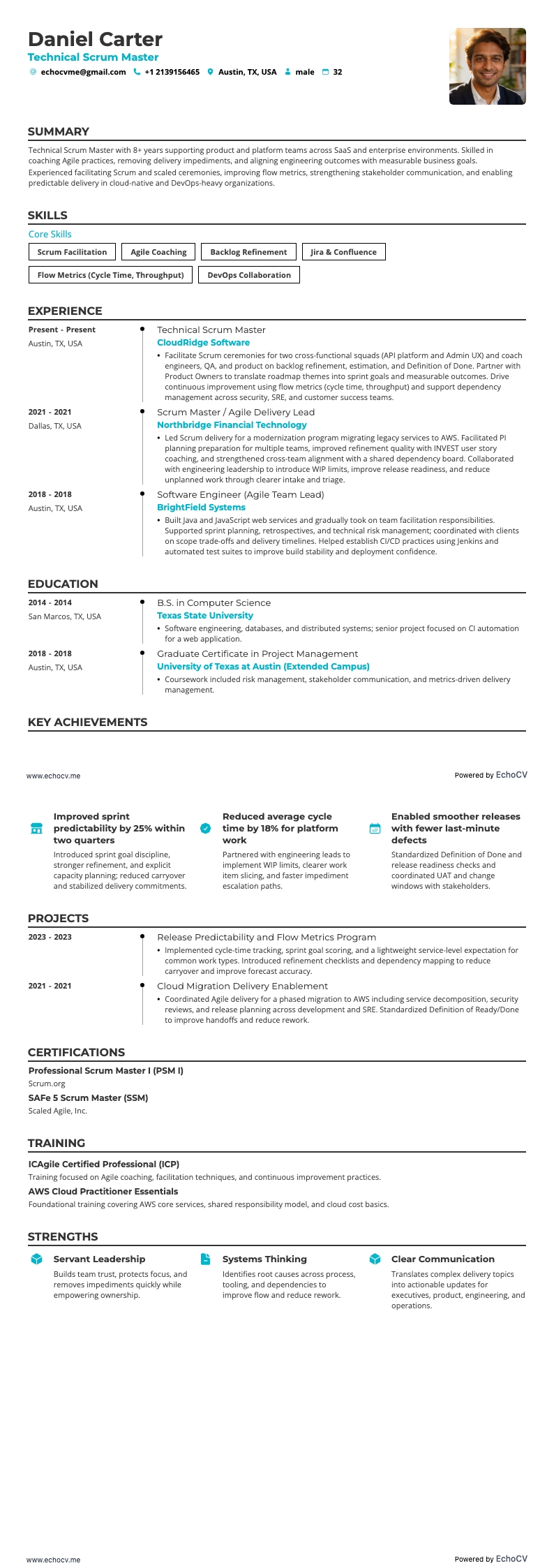 Technical Scrum Master example resume
