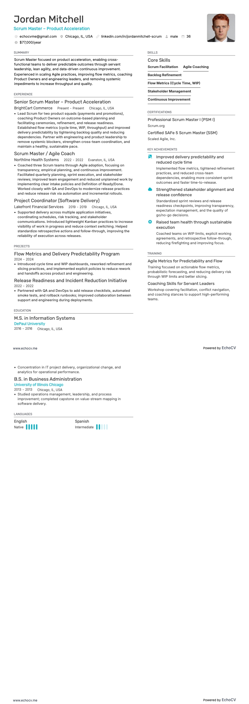 Scrum Master – Product Acceleration example resume