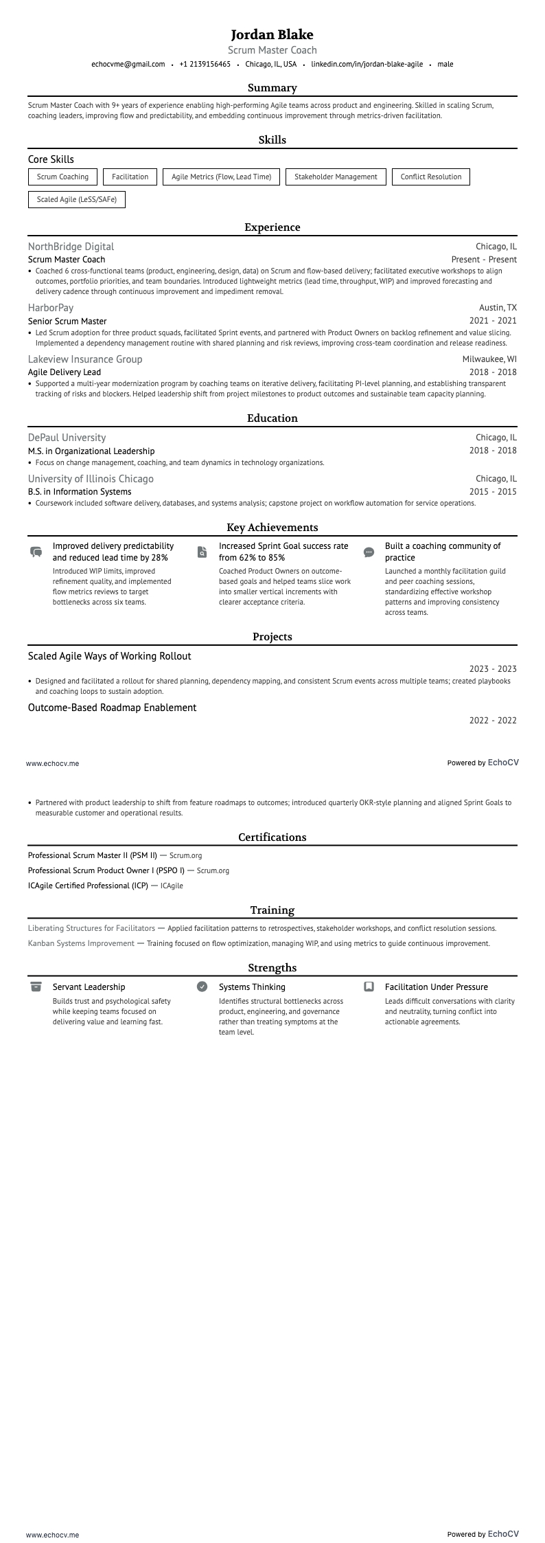Scrum Master Coach example resume