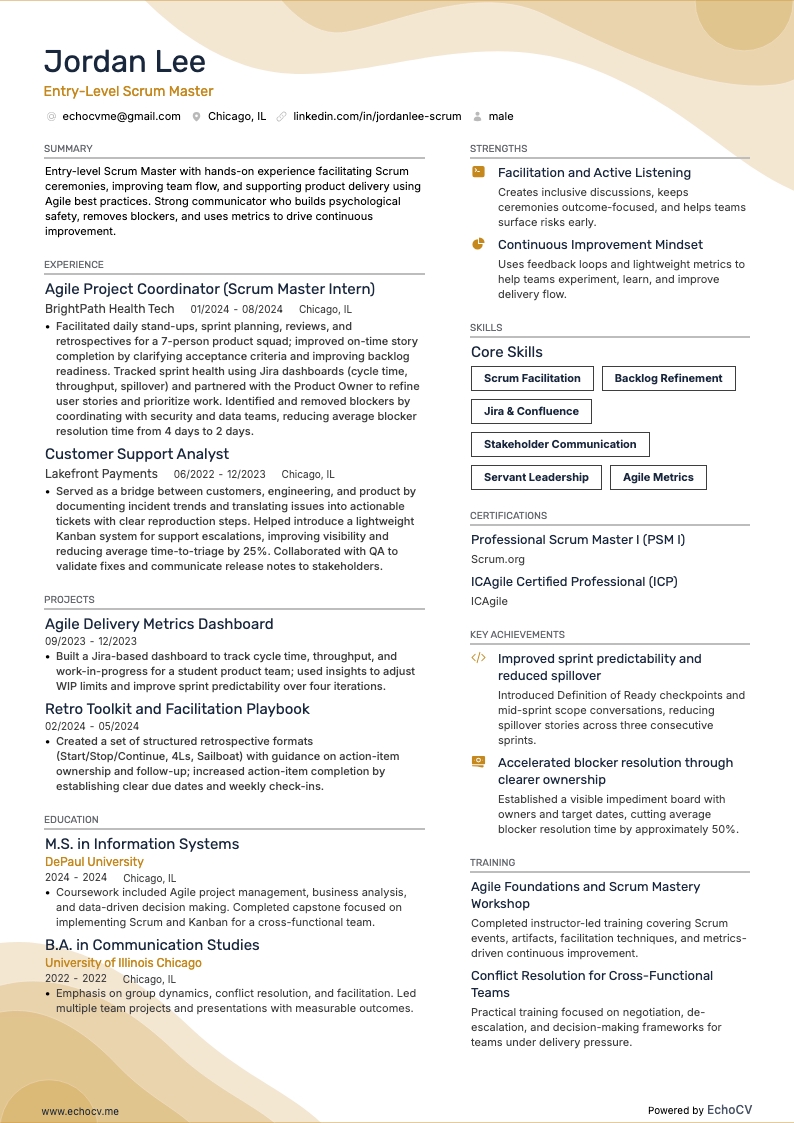 Entry-Level Scrum Master example resume