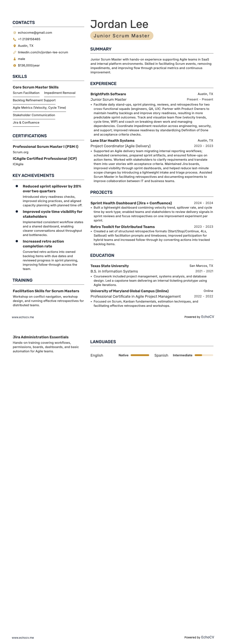 Junior Scrum Master example resume