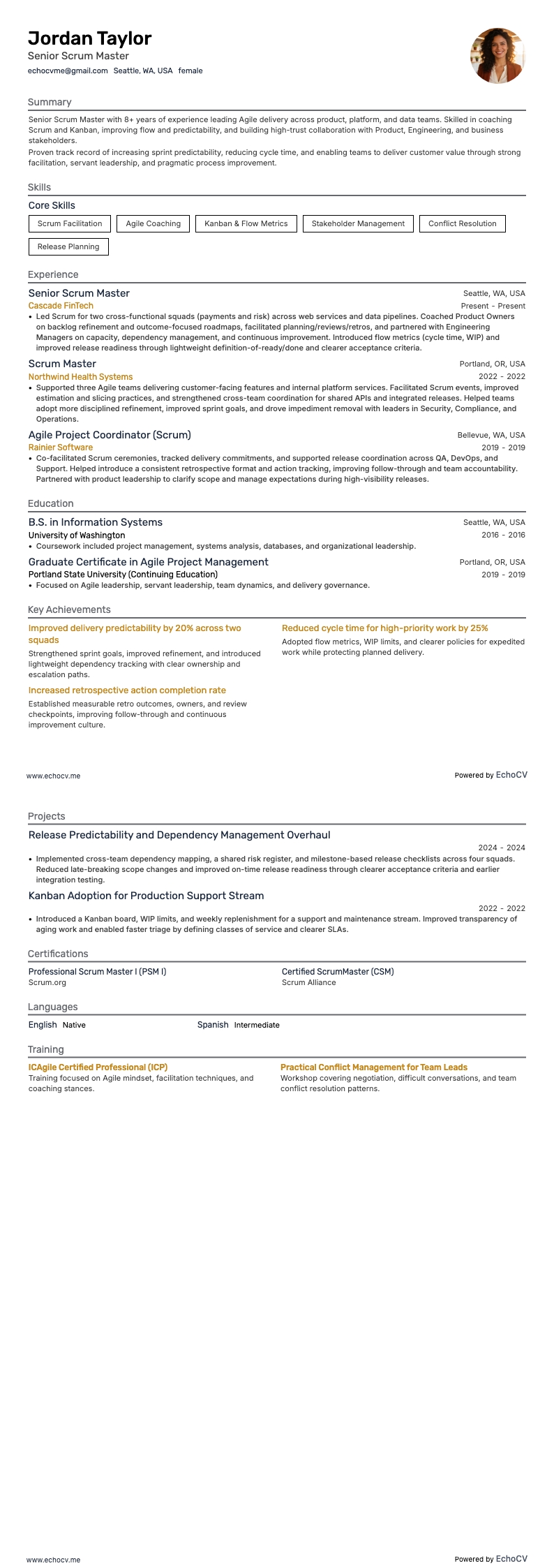 Senior Scrum Master example resume
