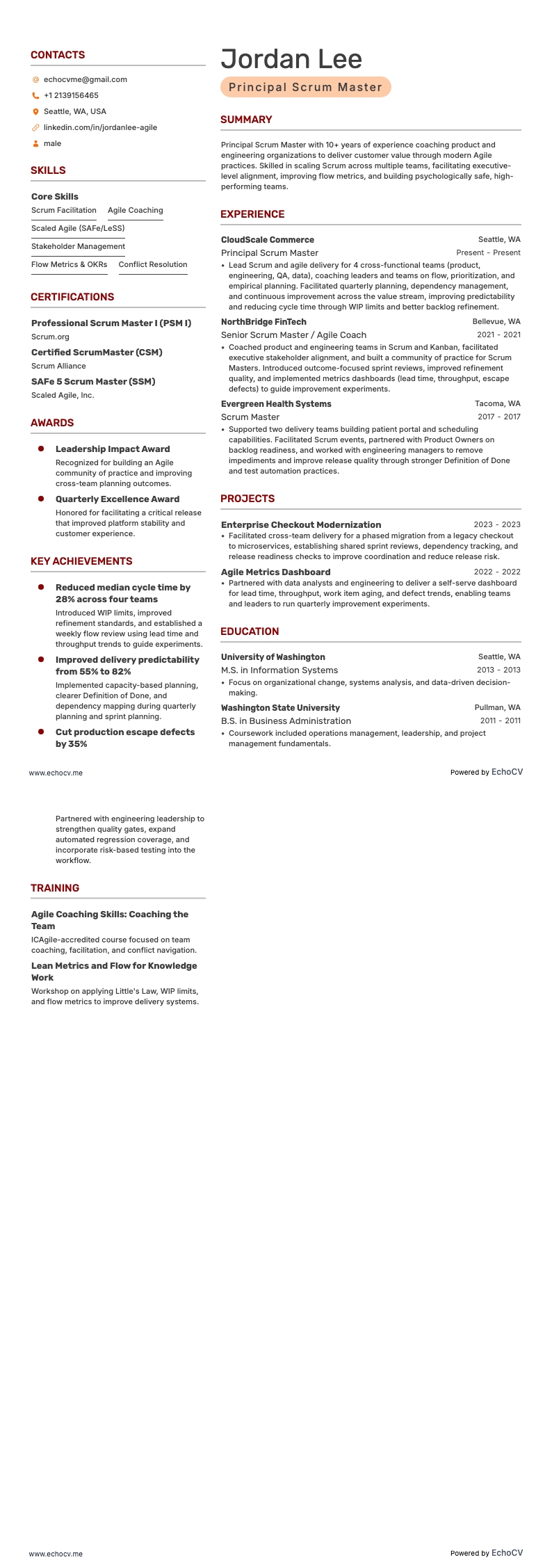 Principal Scrum Master example resume