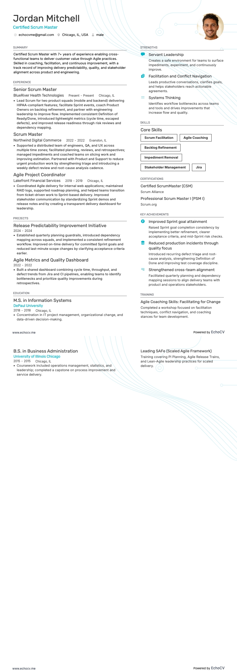 Certified Scrum Master example resume