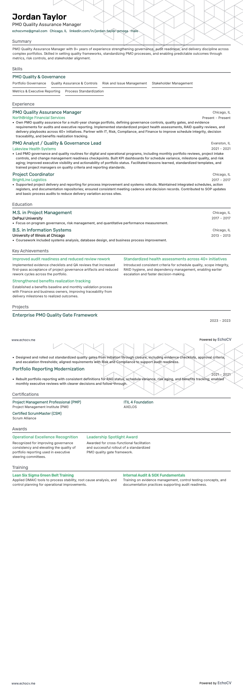 PMO Quality Assurance Manager example resume