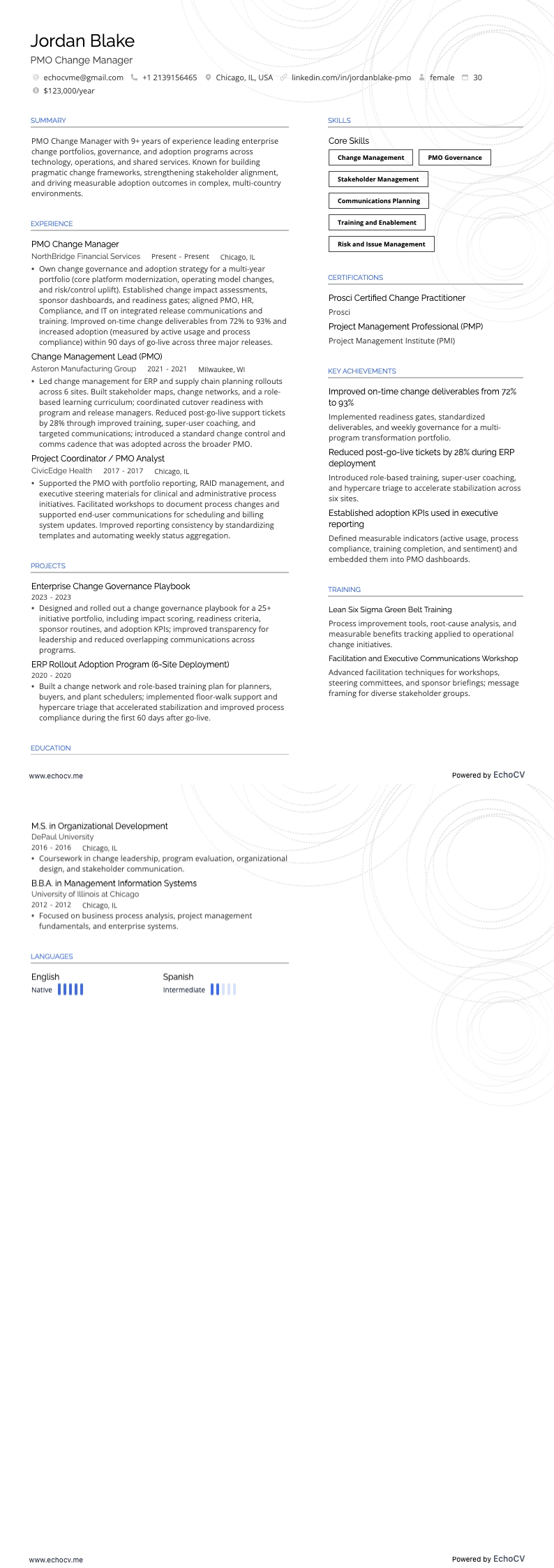 PMO Change Manager example resume