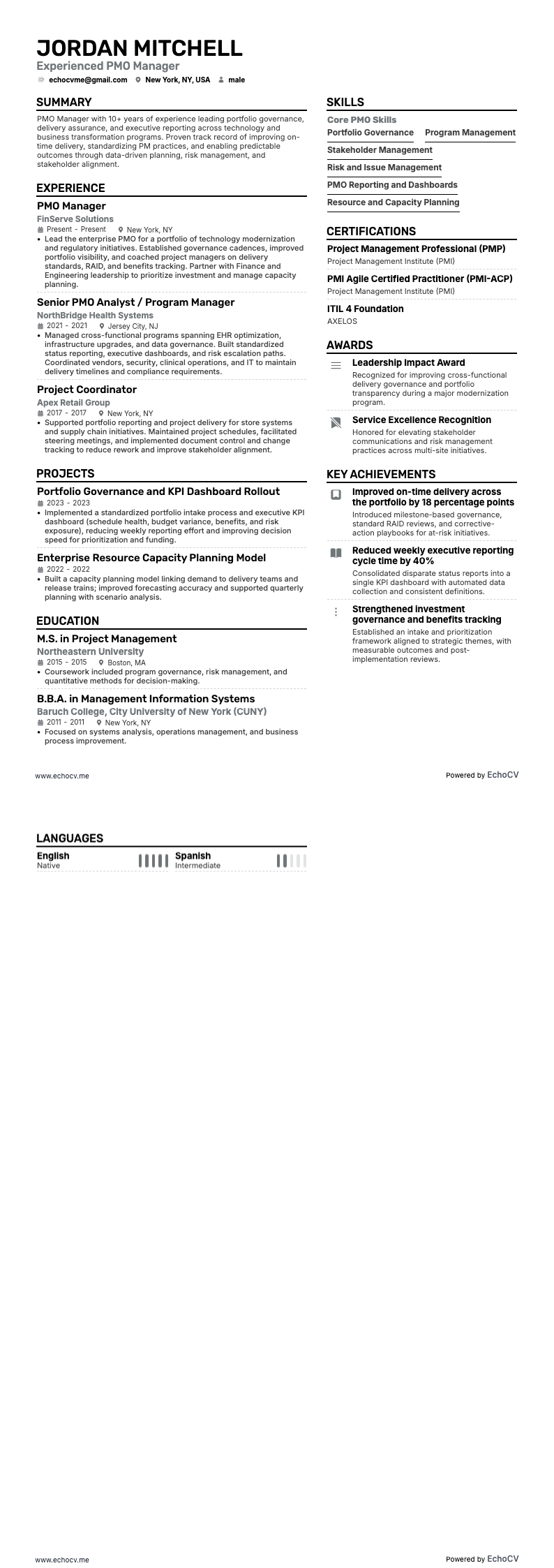 Experienced PMO Manager example resume