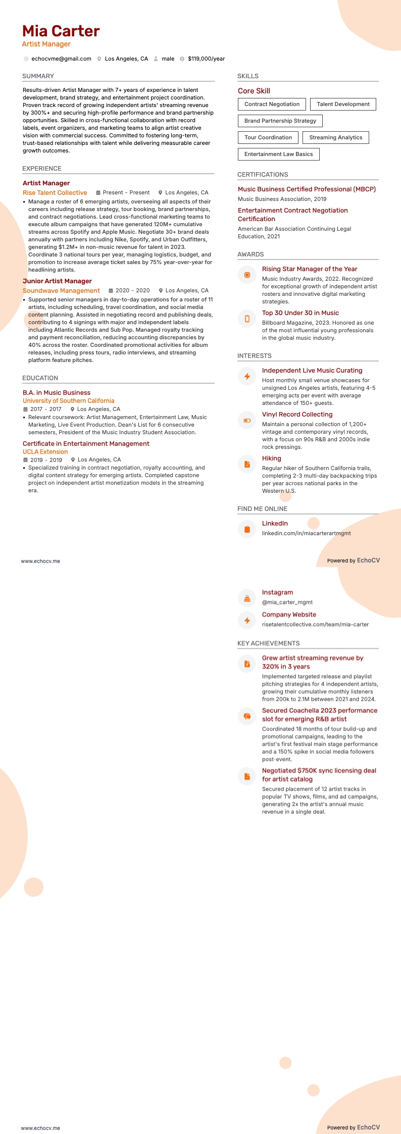 Artist Manager example resume