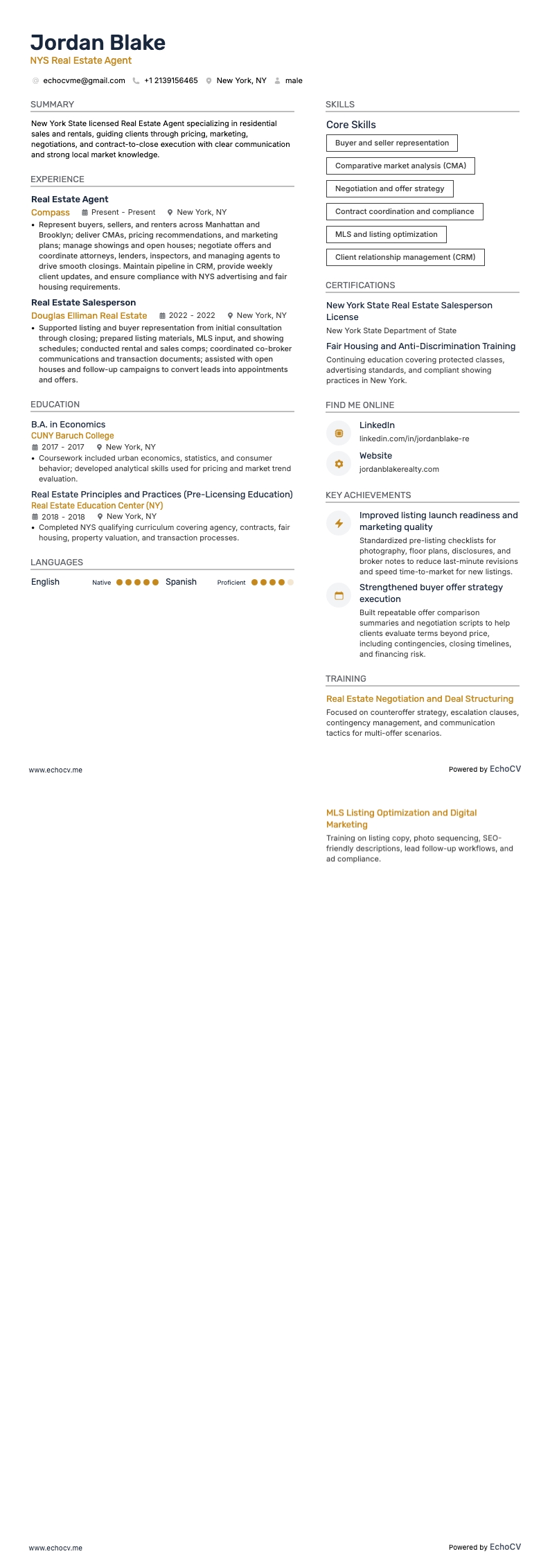 NYS Real Estate Agent example resume