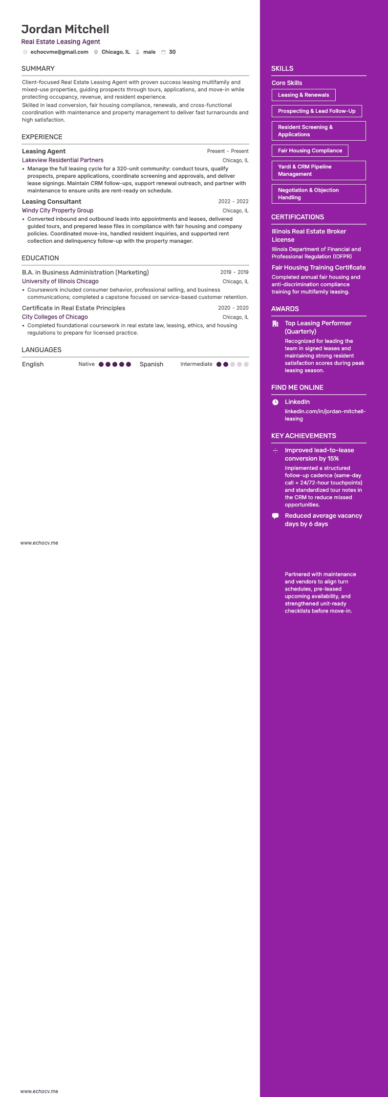 Real Estate Leasing Agent example resume