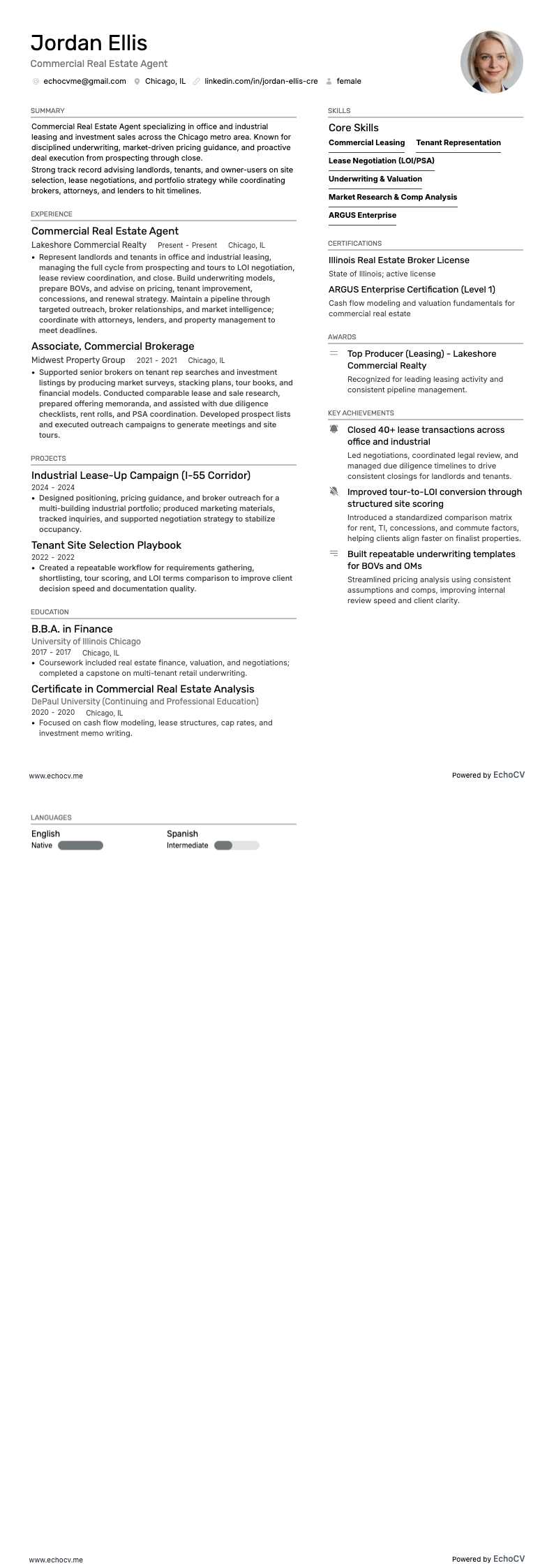 Commercial Real Estate Agent example resume