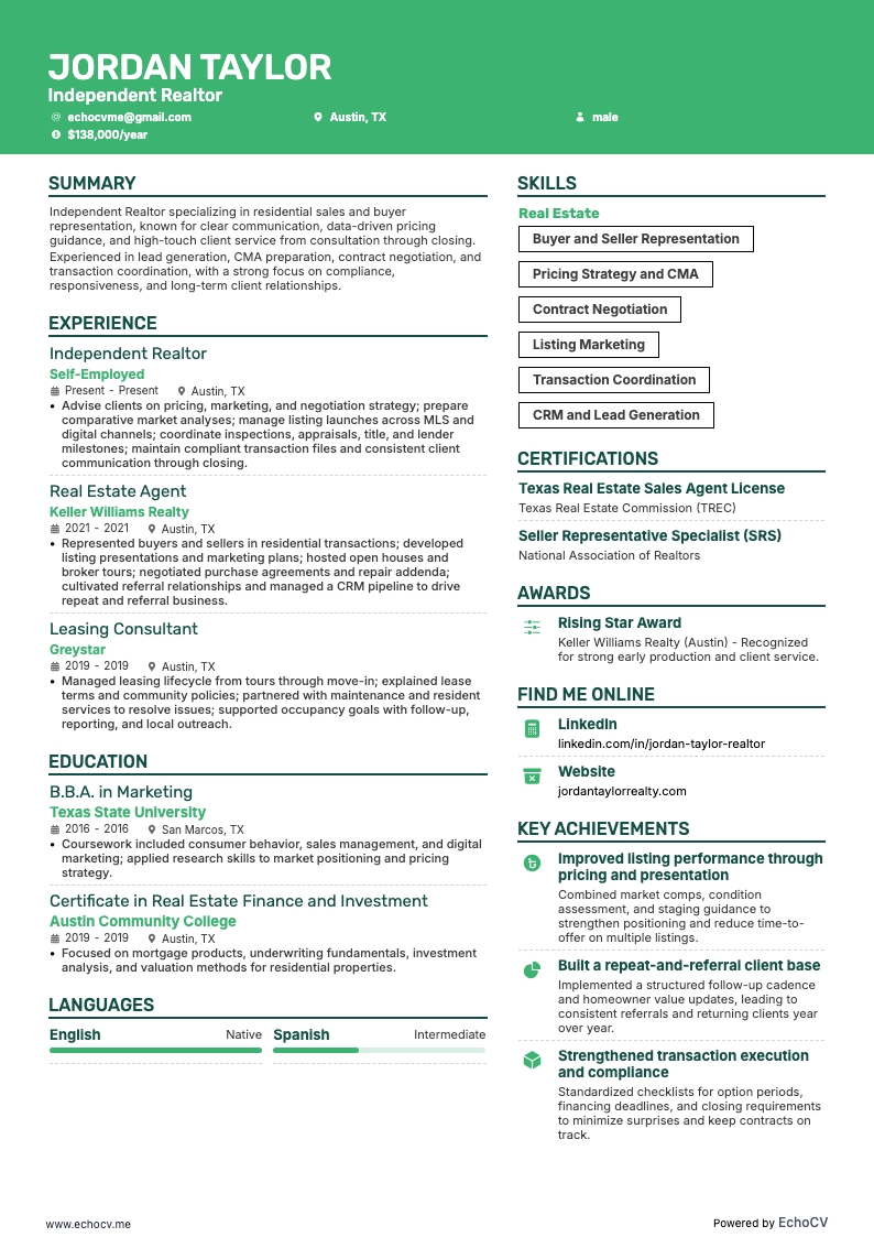 Independent Realtor example resume
