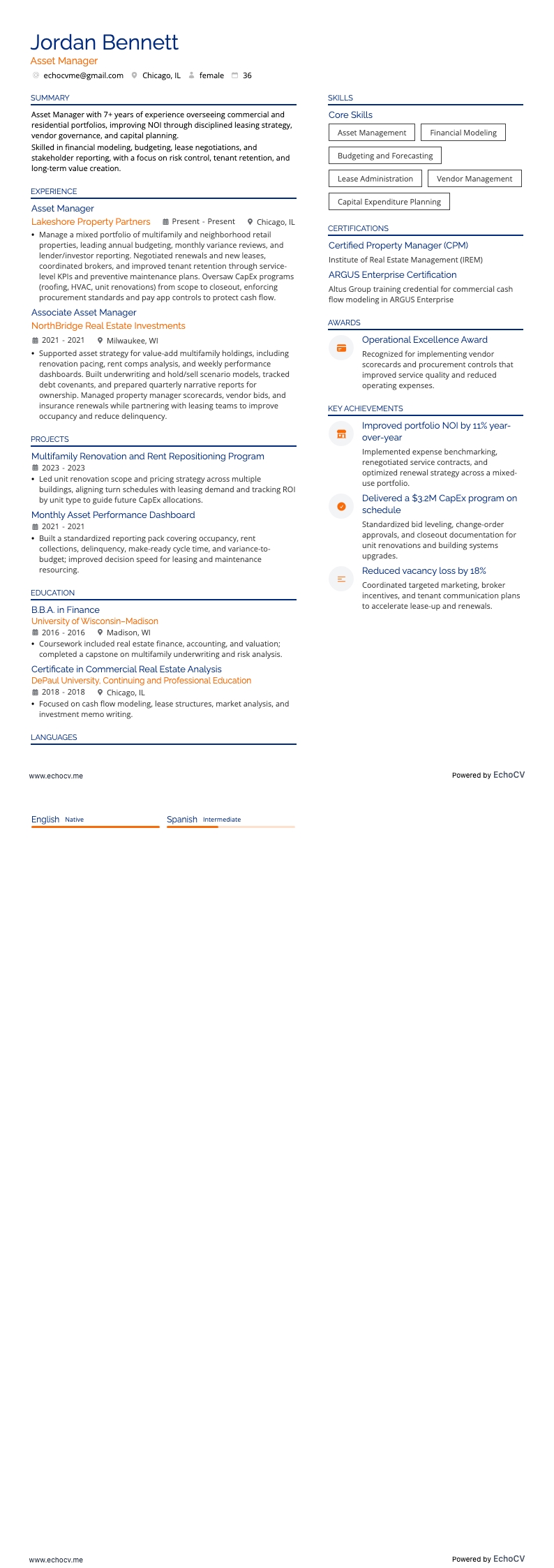 Asset Manager example resume