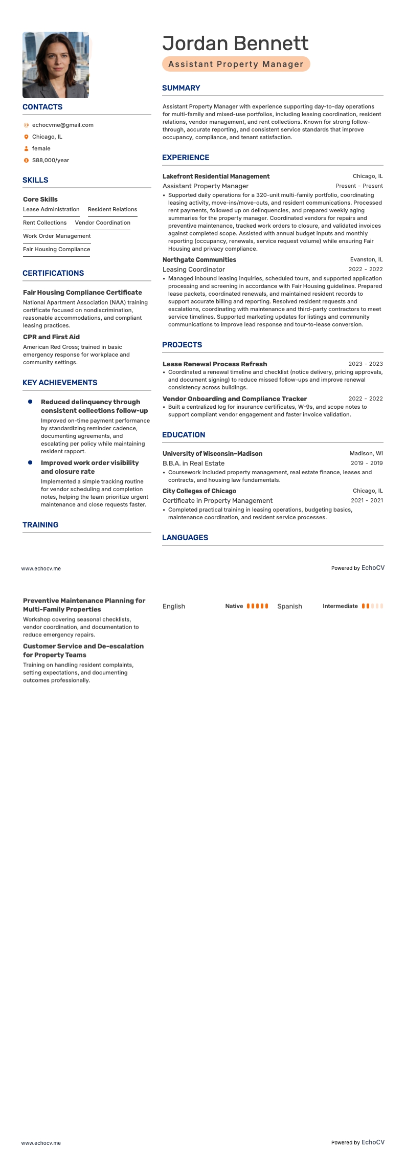 Assistant Property Manager example resume