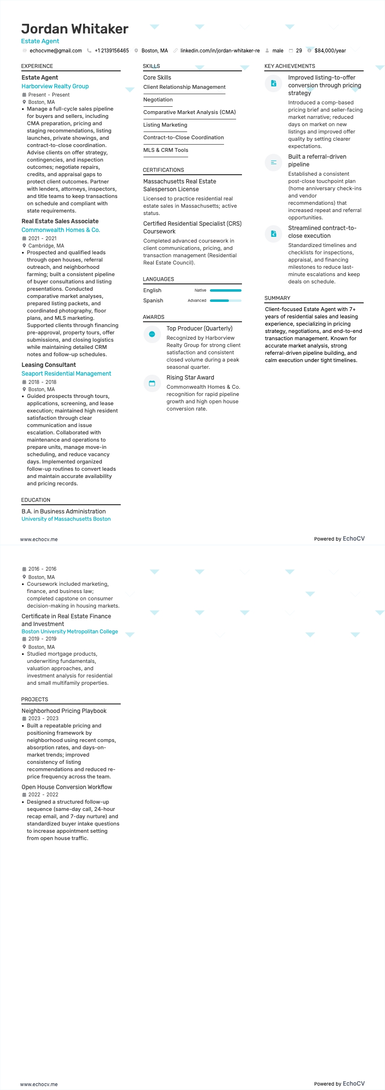 Estate Agent example resume