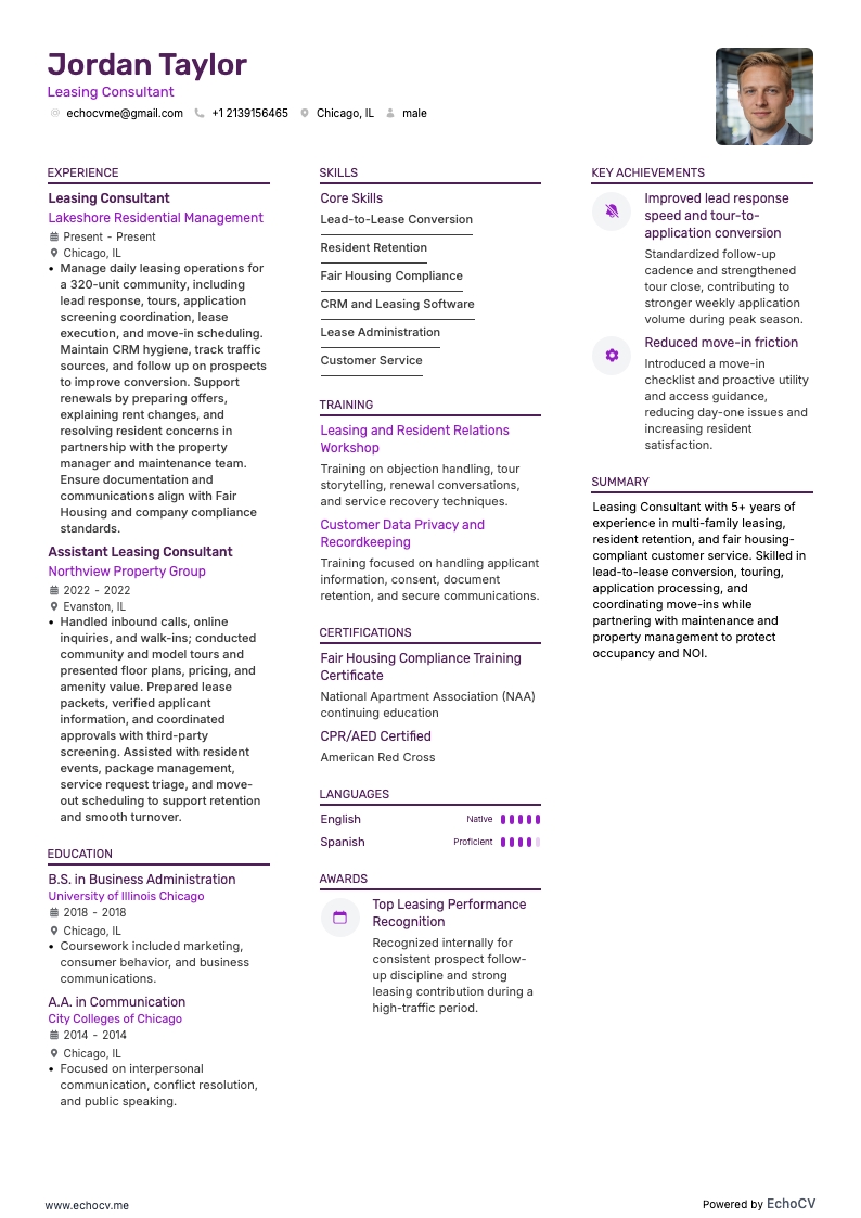 Leasing Consultant example resume