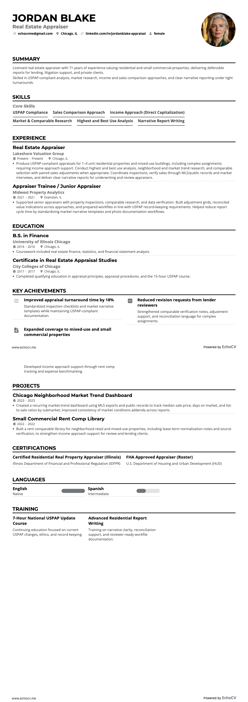 Real Estate Appraiser example resume