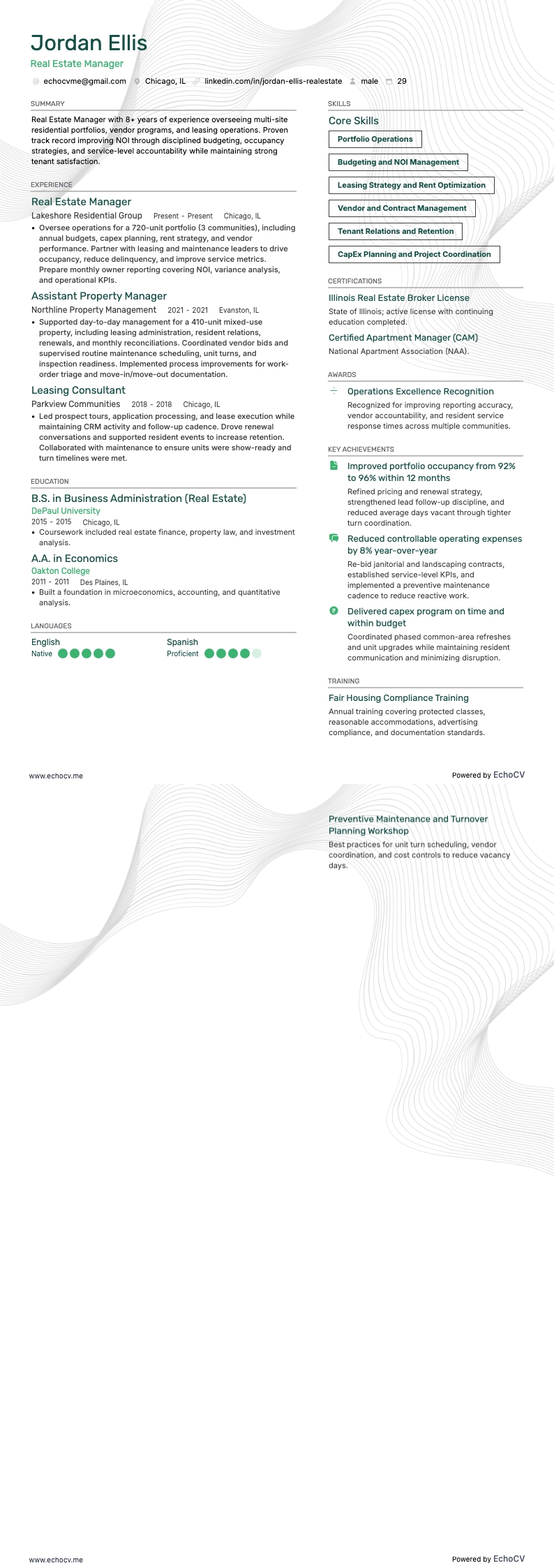 Real Estate Manager example resume